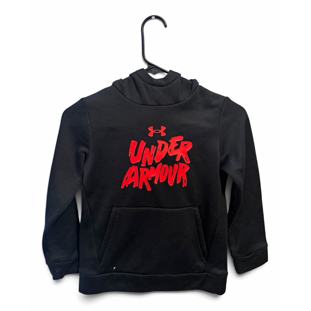 Under Armour Boys Black Hoodie Red Logo Hooded Pockets Long Sleeve Size YS